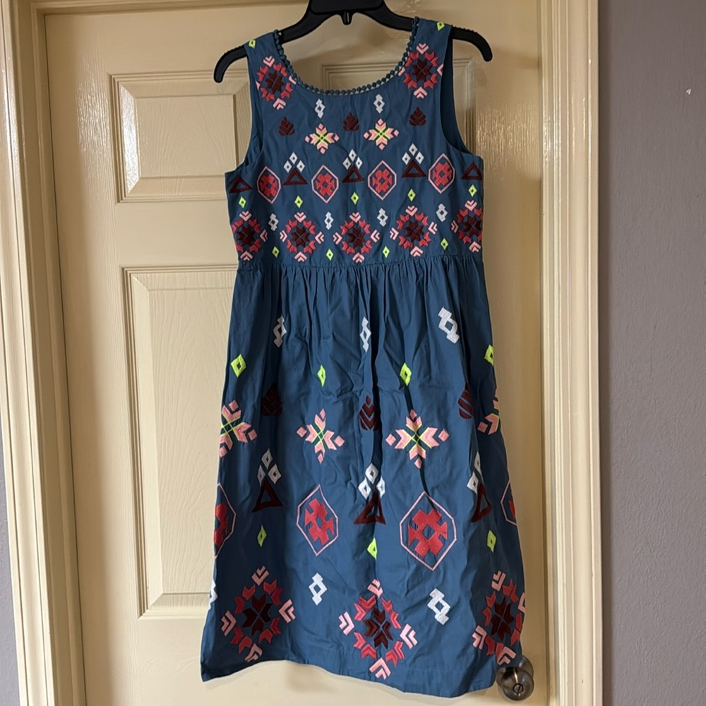by Anthropologie Sleeveless Blue Embroidered Aztec Print Dress Size S